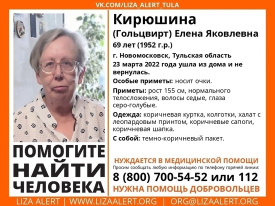 В Тульской области пропала 69-летняя женщина из Новомосковска
