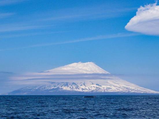 Кит попал в кадр с главной вершиной Сахалинской области