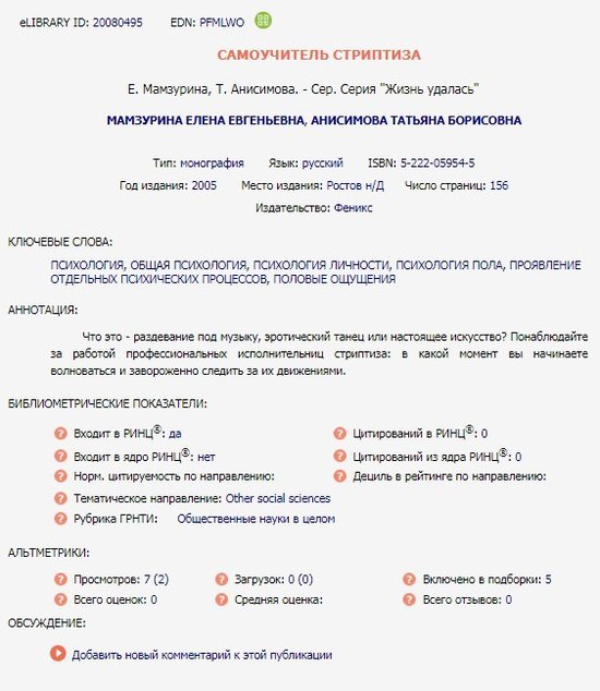 «Самоучитель стриптиза» попал в Российский индекс научного цитирования
