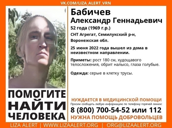В Воронеже разыскивают мужчину, который вышел с дачи в одних трусах и не вернулся
