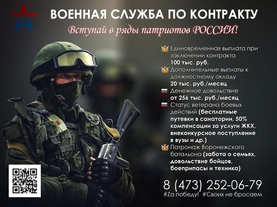 Военкоматы формируют «Воронежский батальон» контрактников с зарплатой от 256 тысяч рублей в месяц