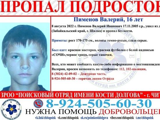 В Шилке без вести пропал 16-летний подросток