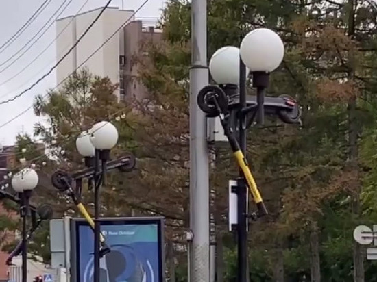 Неизвестные забросили 4 электросамоката на фонарные столбы в Новосибирске