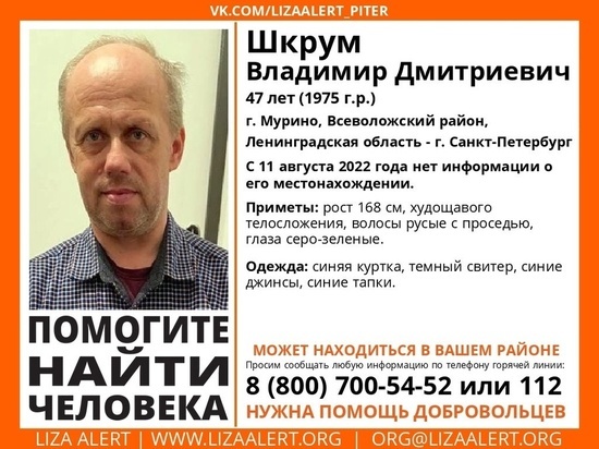 Мужчина больше месяца назад пропал в Мурино