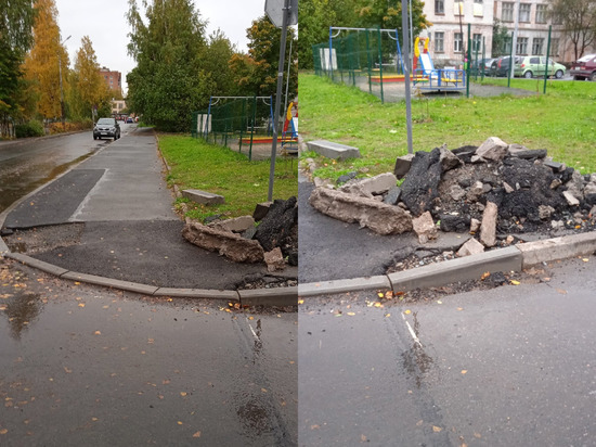 Разрушенный тротуар и остатки старого асфальта беспокоят жителей Петрозаводска