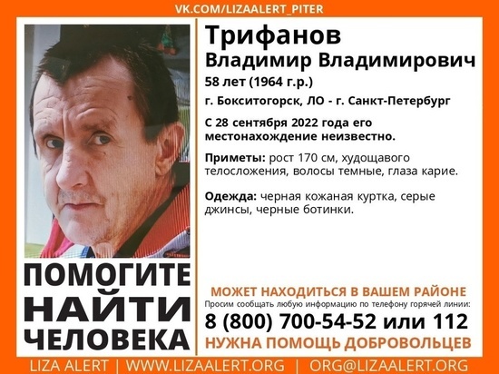 Больше 10 дней назад в Бокситогорске пропал 58-летний мужчина