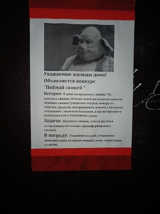 Необычное объявление по «отлову свиней» появилось на подъезде дома в Кузбассе