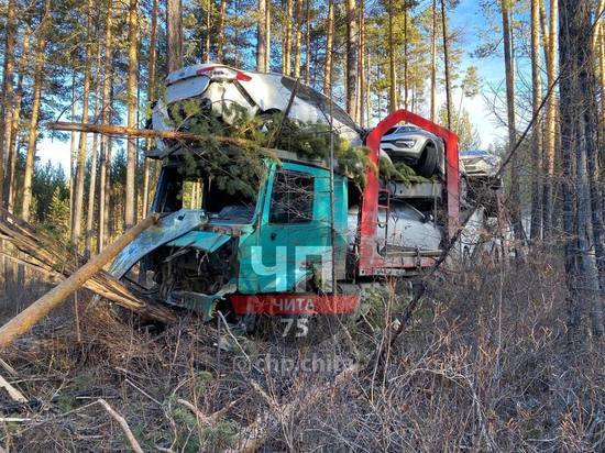 Автовоз Mercedes съехал в лесополосу на трассе в Читинском районе