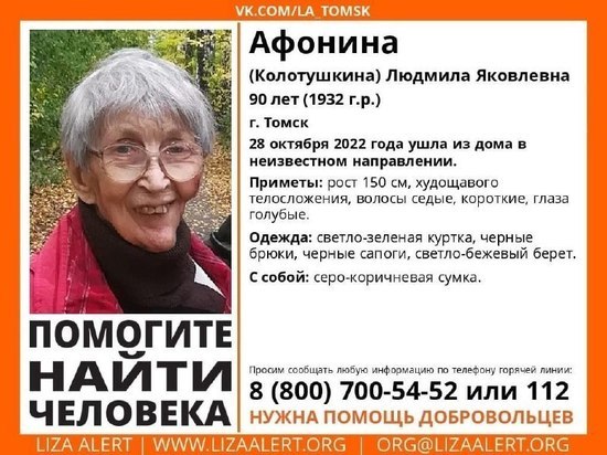 Отряд "ЛизаАлерт" ищет ушедшую из дома 90-летнюю томичку