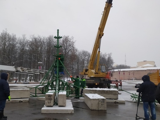 Пятитонную новогоднюю ель начали устанавливать в центре Великого Новгорода