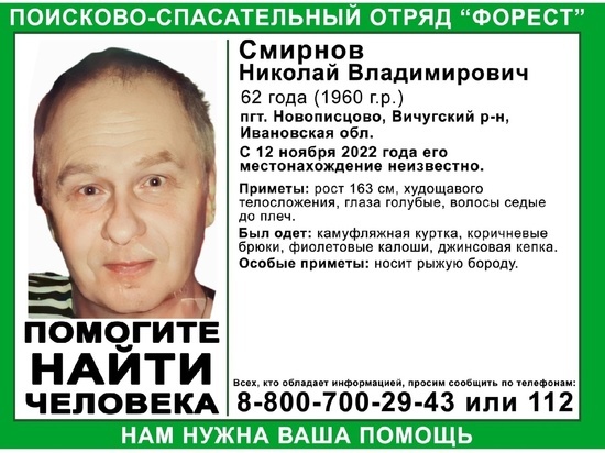В Ивановской области с 12 ноября не могут найти пожилого мужчину с рыжей бородой и в фиолетовых калошах