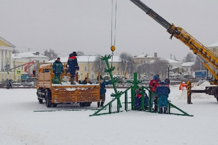 В Костроме на Сусанинской площади начали собирать новогоднюю елку