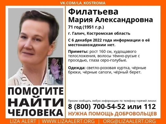 Костромские волонтеры разыскивают пропавшую в Галиче моложавую пенсионерку