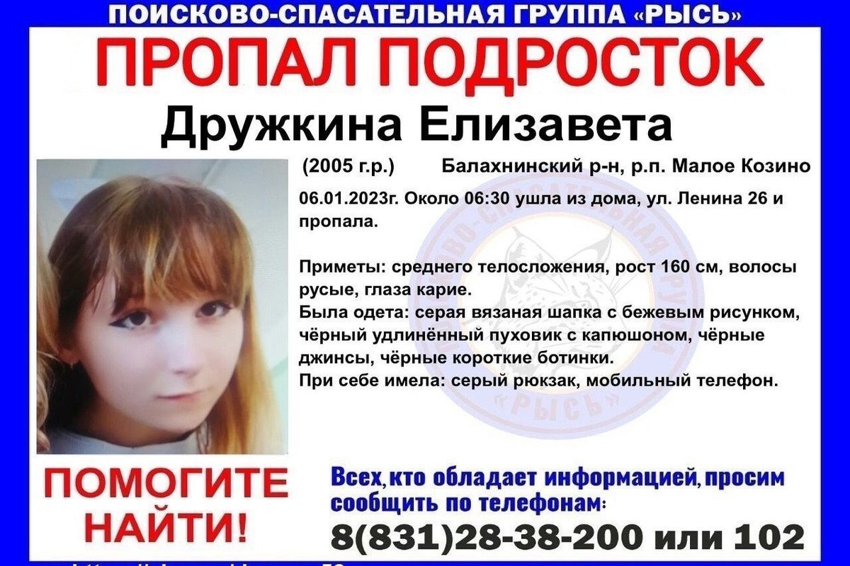 17-летняя Елизавета Дружкина пропала в Балахнинском районе перед Рождеством  - МК Нижний Новгород