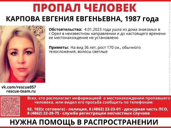 В Орле девушка 4 января вышла из гостей и бесследно исчезла