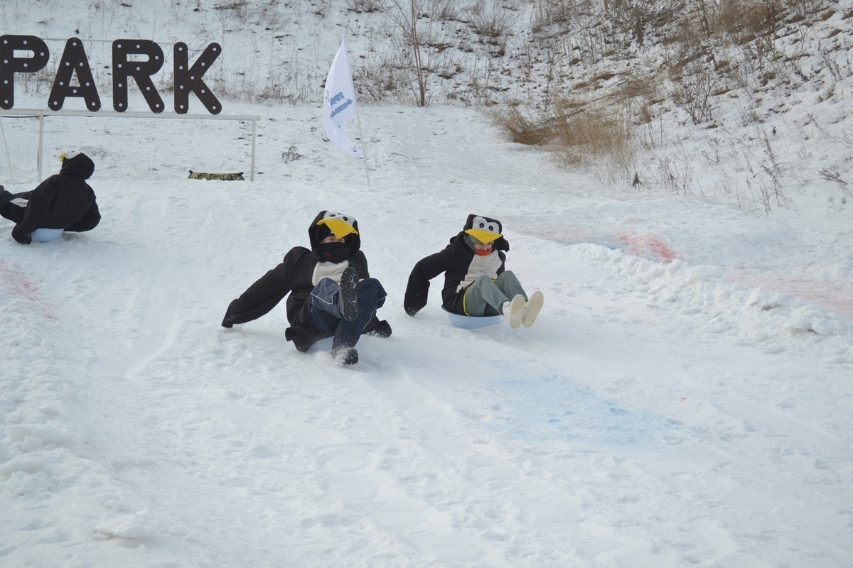 At the Three Penguins festival in Lipetsk, participants skated down the slope in costumes