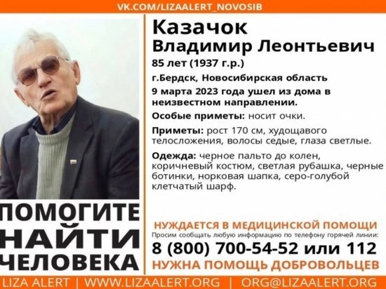В Новосибирской области пропал 85-летний Владимир Казачок в норковой шапке