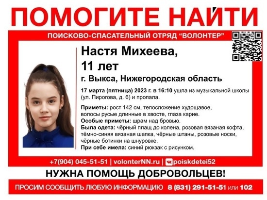 В городе Выкса Нижегородской области разыскивают 11-летнюю Анастасию Михееву