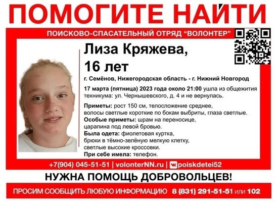 17 марта в городе Семёнов Нижегородской области пропала 16-летняя девочка Лиза Кряжева