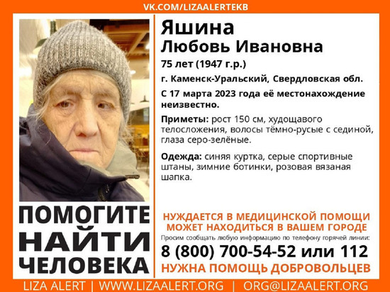 Пенсионерка, нуждающаяся в медицинской помощи, пропала в Каменске-Уральском
