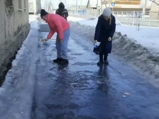 Ученики гимназии посыпали тротуары солью, чтобы курганцы не падали на льду