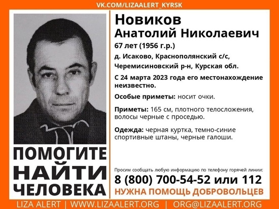 В Курской области 4 дня назад пропал без вести 67-летний мужчина