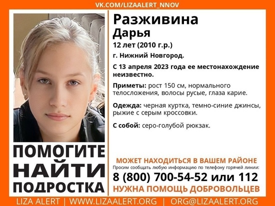 В Нижнем Новгороде с 13 апреля разыскивают 12-летнюю Дарью Разживину