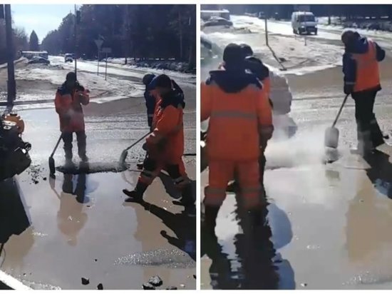 В Новосибирске рабочие клали асфальт в лужи на Университетском проспекте