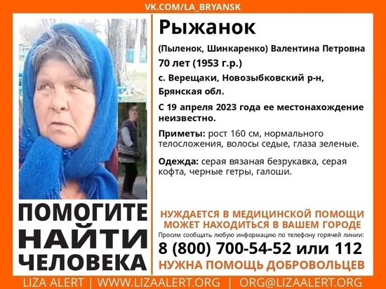 В Брянской области ищут пропавшую 70-летнюю Валентину Рыжанок