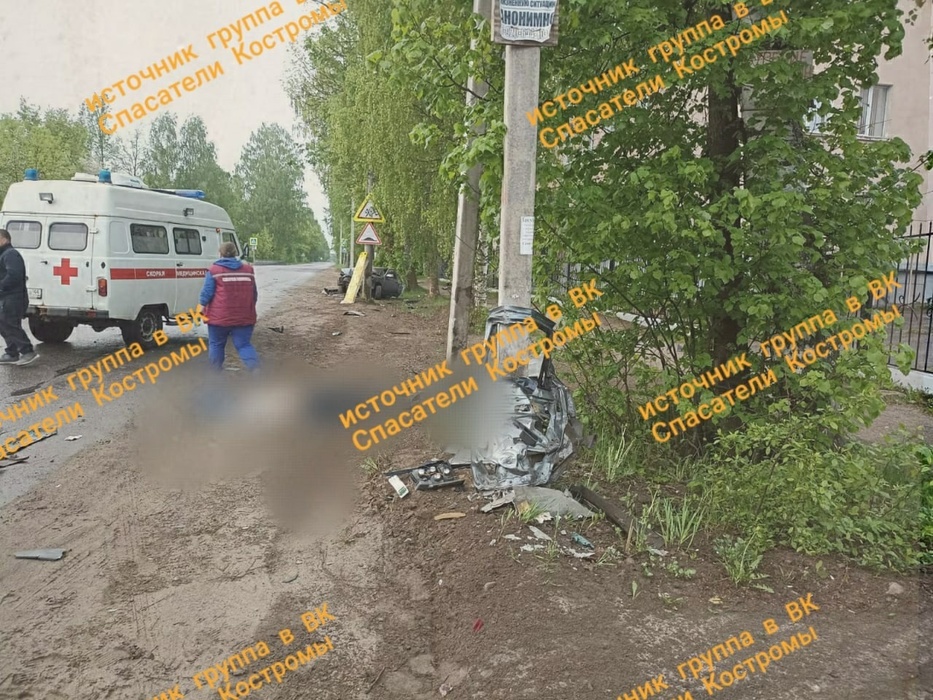 В Костромской области столб разорвал автомобиль, но пассажиры живы
