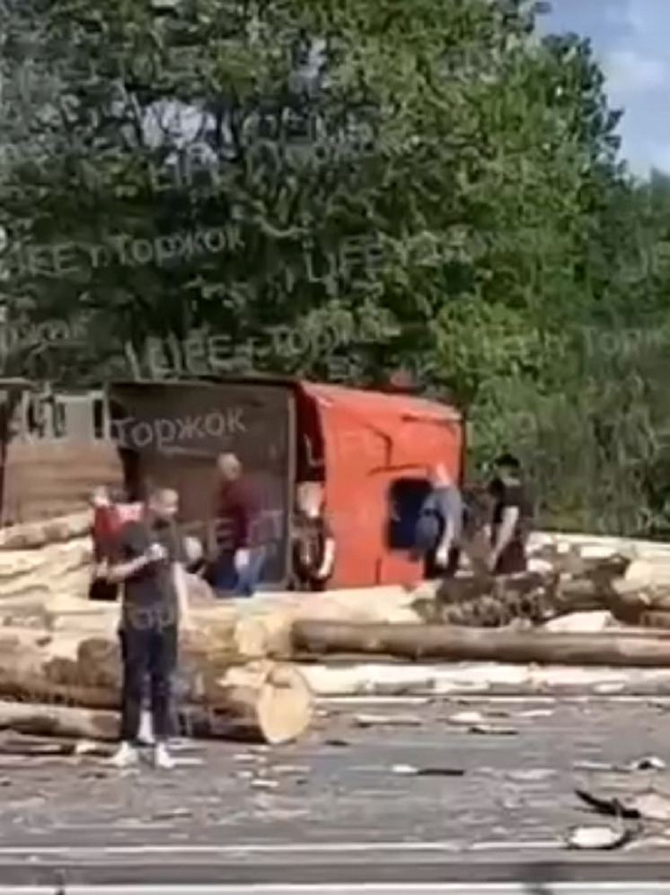 На трассе М-10 в Тверской области перевернулся лесовоз