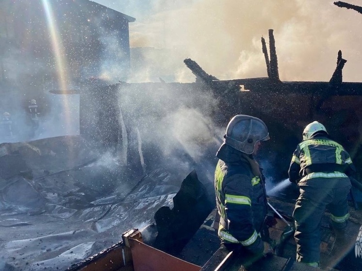 Горящую хозпостройку на Фрунзе в Мурманске тушили 18 человек