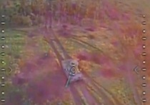 Минобороны России опубликовало видеоролик, на котором дрон-камикадзе атакует танк, предположительно являющийся немецким Leopard-2A6