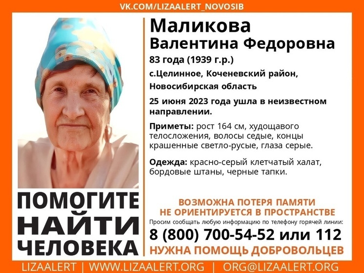   Под Новосибирском пропала 83-летняя Валентина Маликова из села Целинное