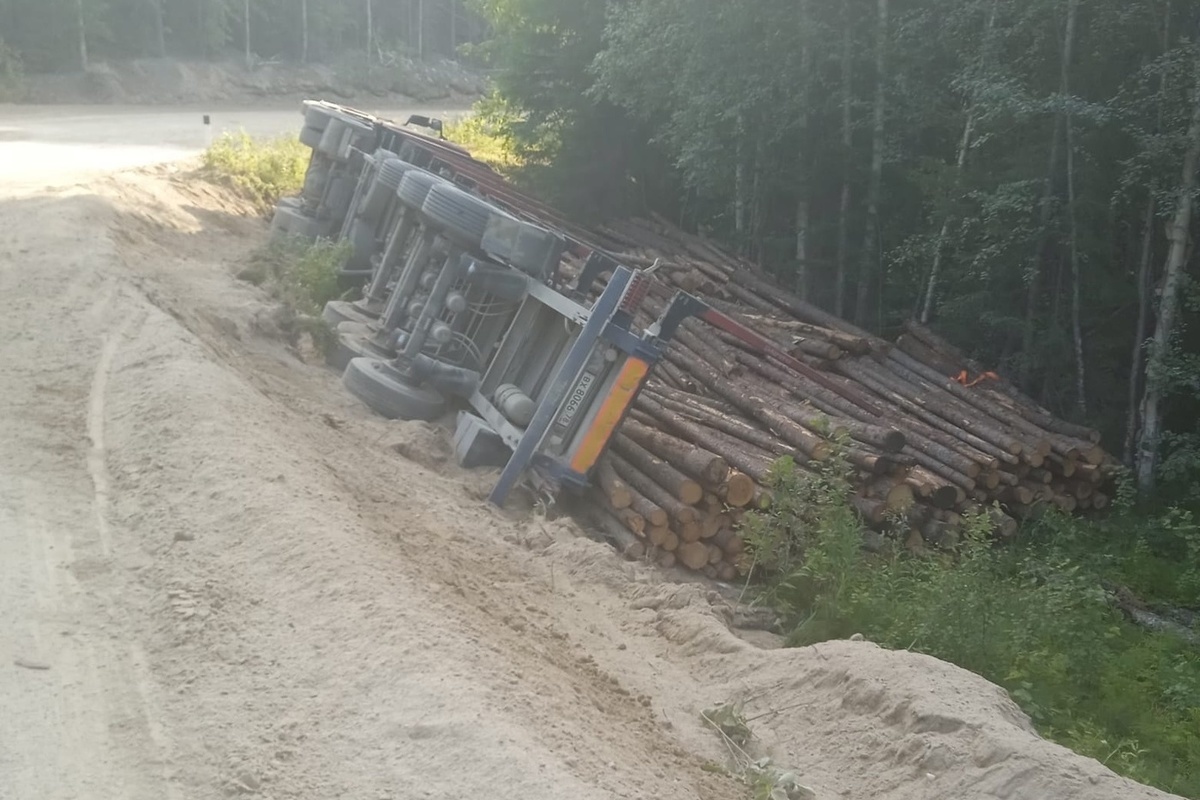 Лесовоз с полным прицепом брёвен упал в кювет в районе Карелии