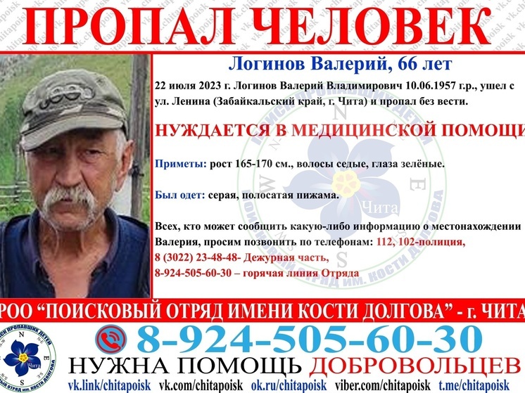 Нуждающийся в медпомощи 66-летний мужчина ушёл с улицы в Чите и пропал без вести