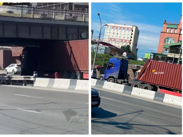 В Новосибирске под мостом в районе станции метро «Гагаринская» застрял грузовик