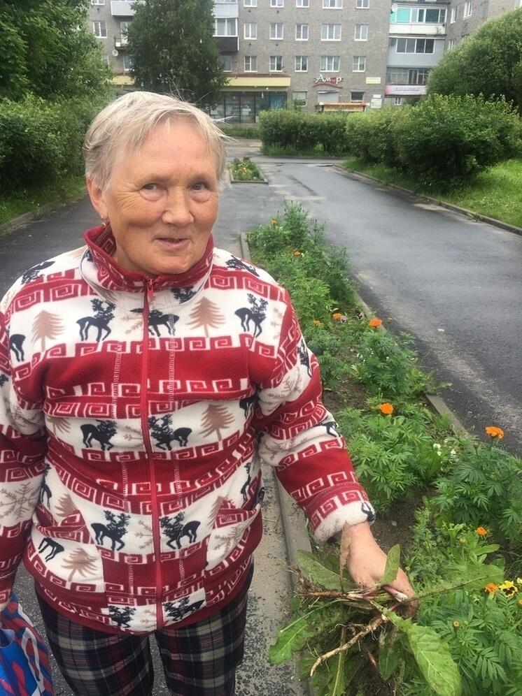 Пожилая жительница города в Карелии привела в порядок клумбу по дороге на работу