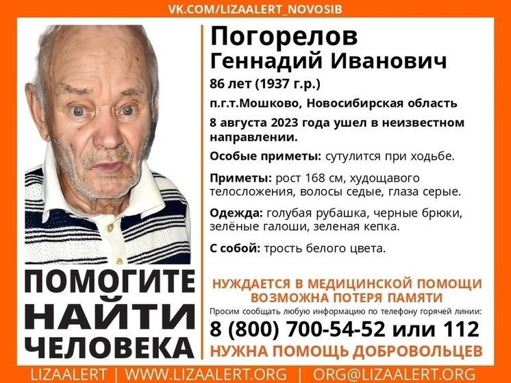 Под Новосибирском ищут 86-летнего худощавого пенсионера с белой тростью