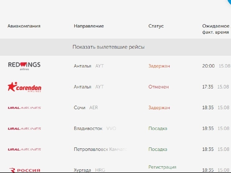 Задержан очередной рейс Red Wings из Екатеринбурга в Анталью