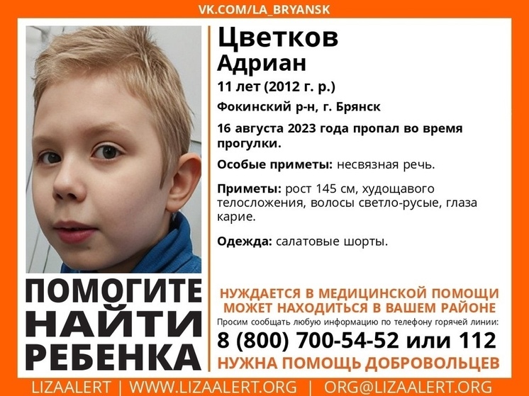 В Брянске пропал 11-летний Адриан Цветков