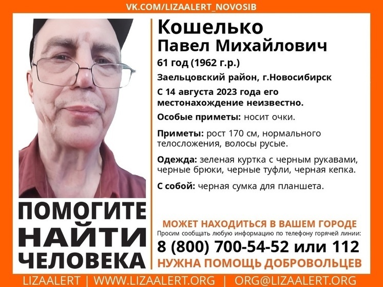 В Новосибирске «ЛизаАлерт» третий день ищет Павла Кошелько с сумкой для планшета