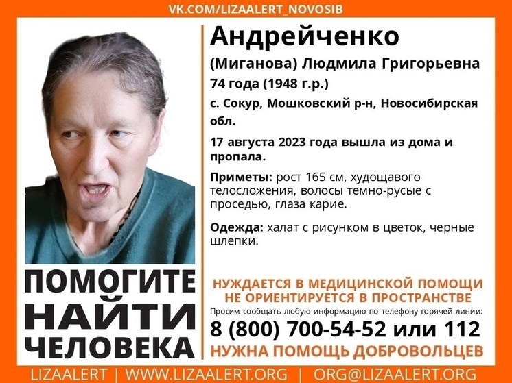 Под Новосибирском пропала 74-летняя пенсионерка с потерей ориентации