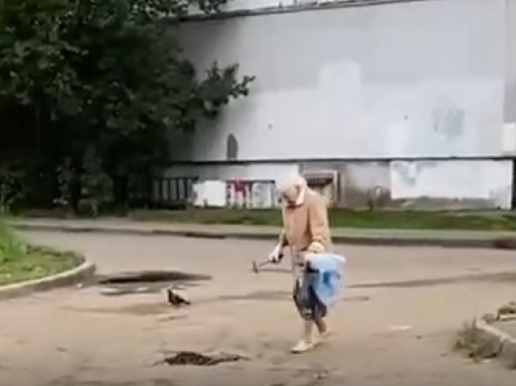 В Ярославле ямы в асфальте заделывает старушка