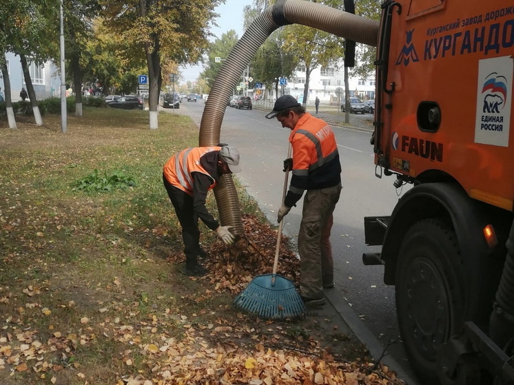 Вакуумная машина убирает опавшую листву с йошкар-олинских улиц