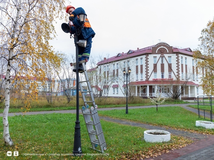 В Нарьян-Маре вкручивают лампочки на уличных фонарях
