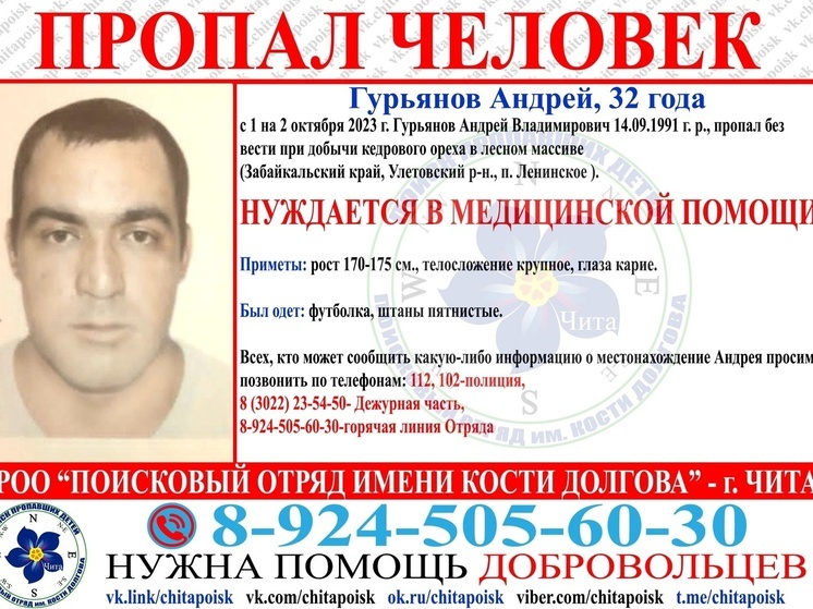 Нуждающийся в медпомощи сборщик кедровых орехов пропал без вести в Забайкалье