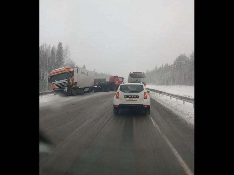 Две фуры столкнулись и перекрыли заснеженную трассу в Карелии