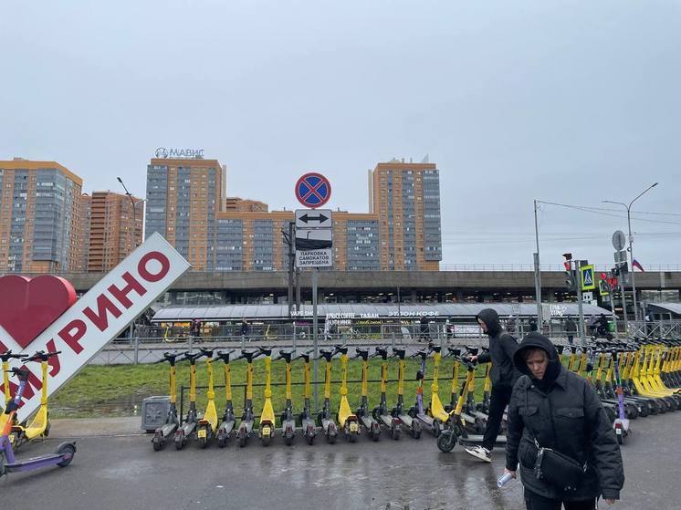 В Мурино под запрещающим парковку знаком заметили десятки электросамокатов
