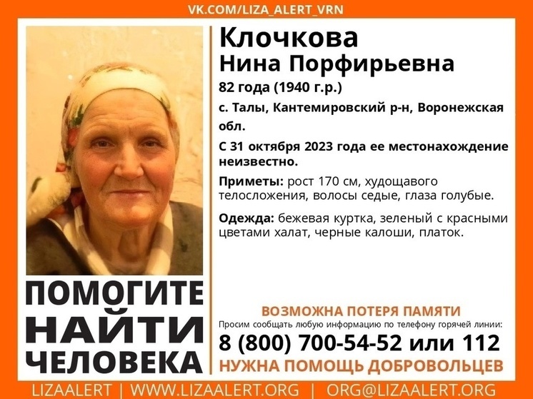 В Воронежской области объявили поиск 82-летней пенсионерки